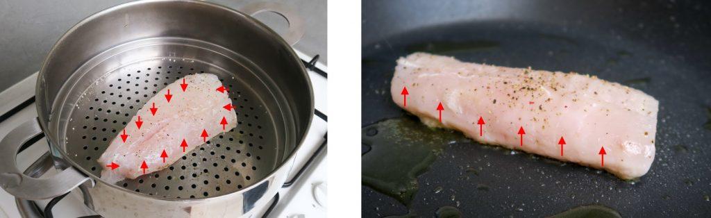 diffusion de la chaleur dans du poisson cuit à la poêle ou à la vapeur